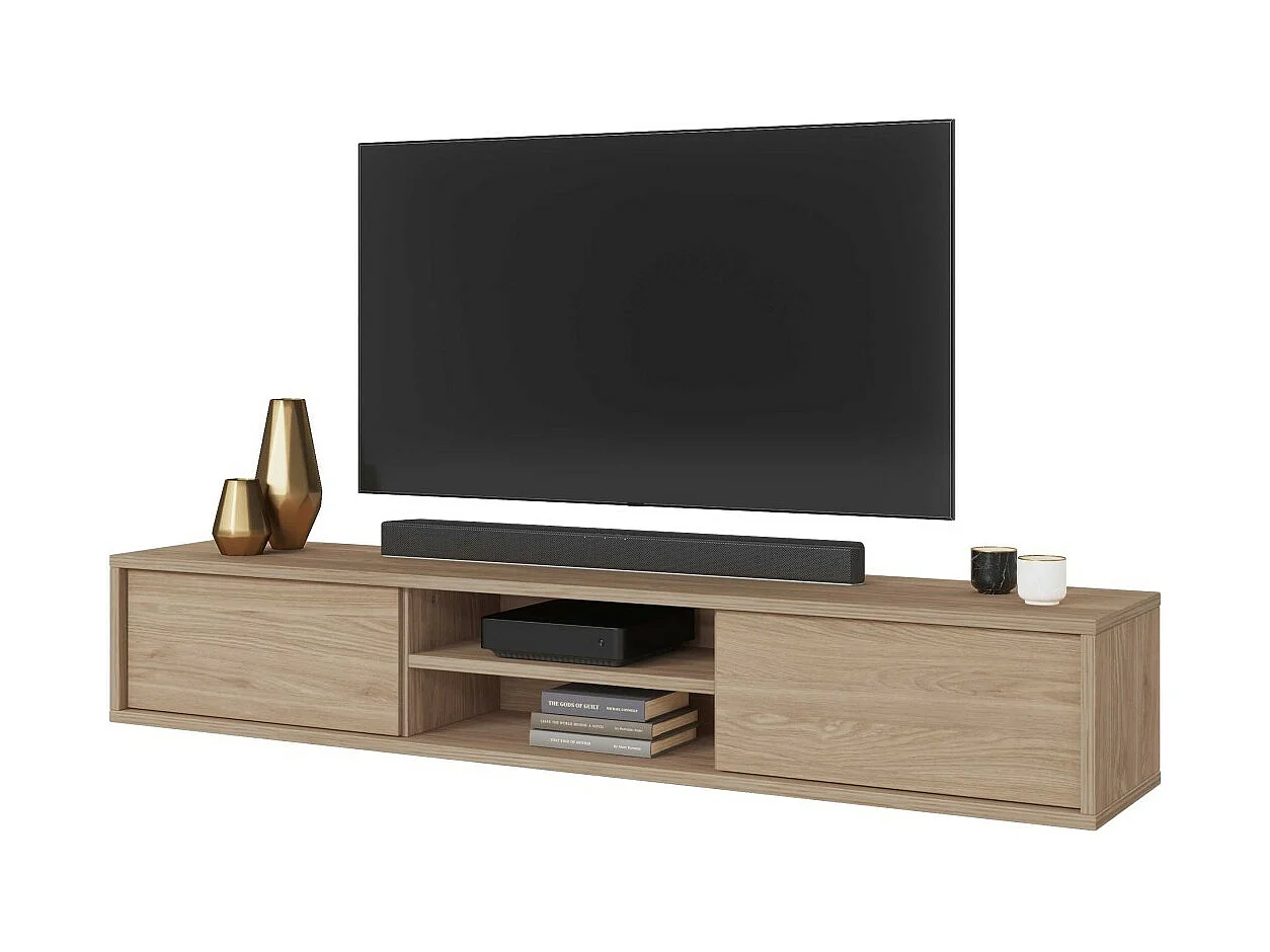Meuble TV 180cm, 2 portes et 2 niches collection MAANUM. Couleur chêne clair.