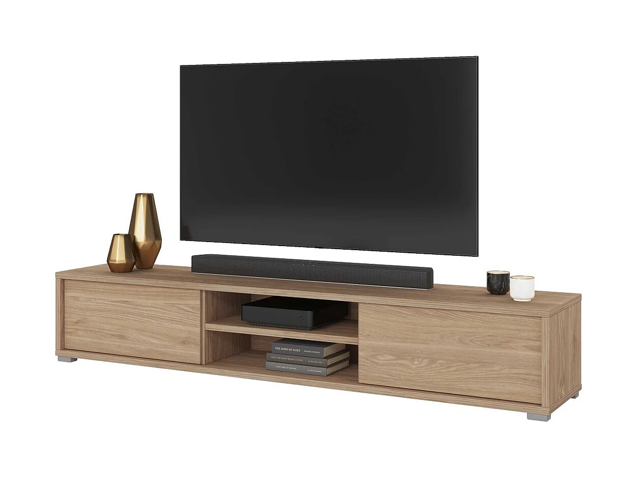 Meuble TV 180cm, 2 portes et 2 niches collection MAANUM. Couleur chêne clair.