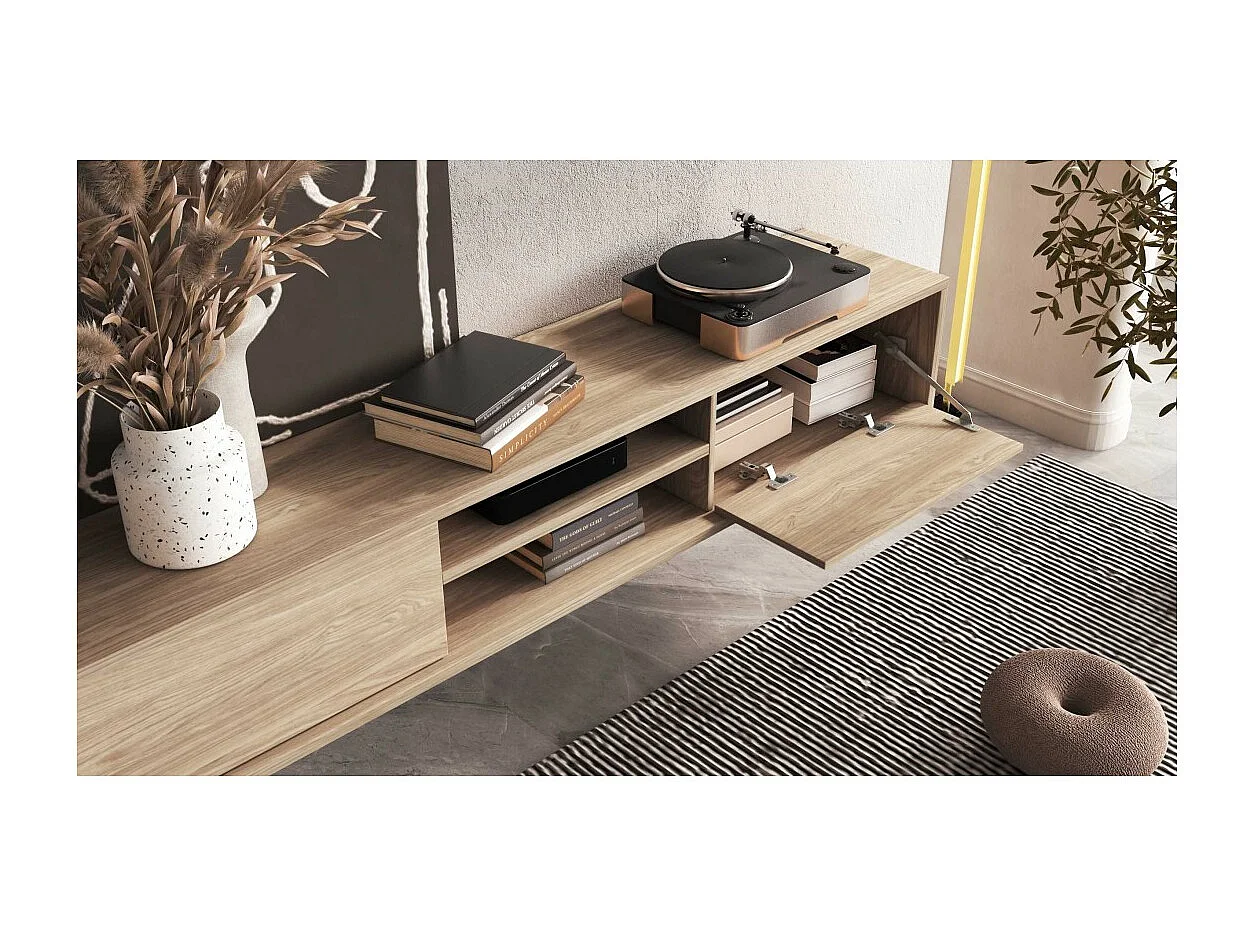 Meuble TV 180cm, 2 portes et 2 niches collection MAANUM. Couleur chêne clair.