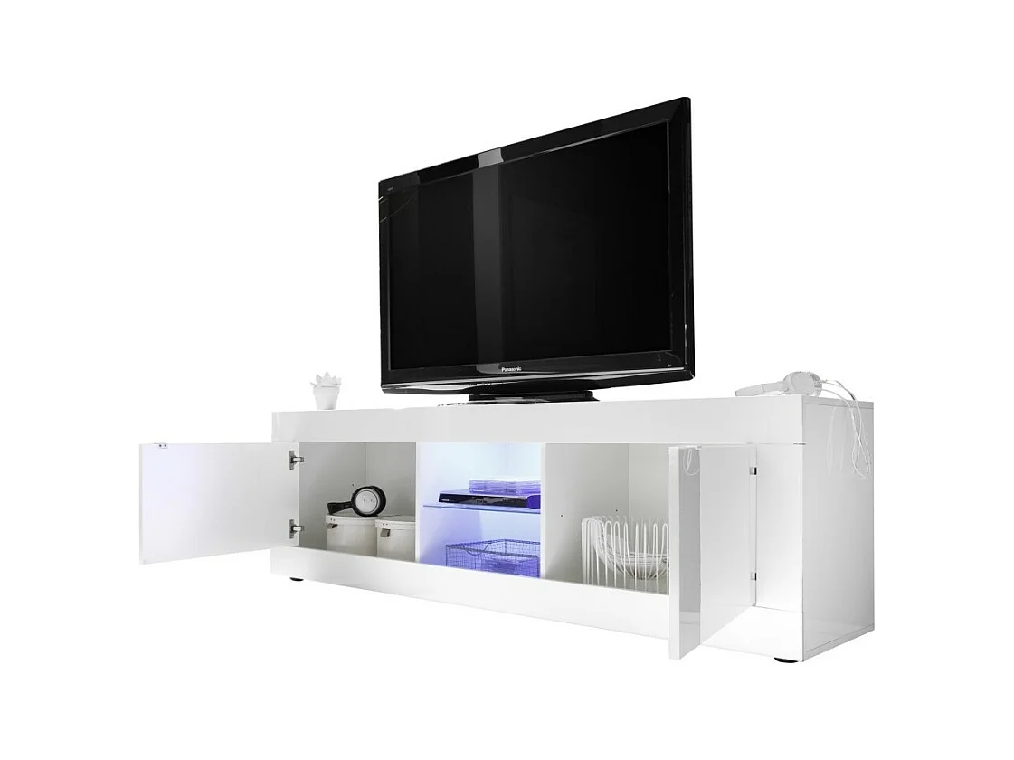 Meuble TV 2 portes, collection ISORA, coloris blanc laqué brillant