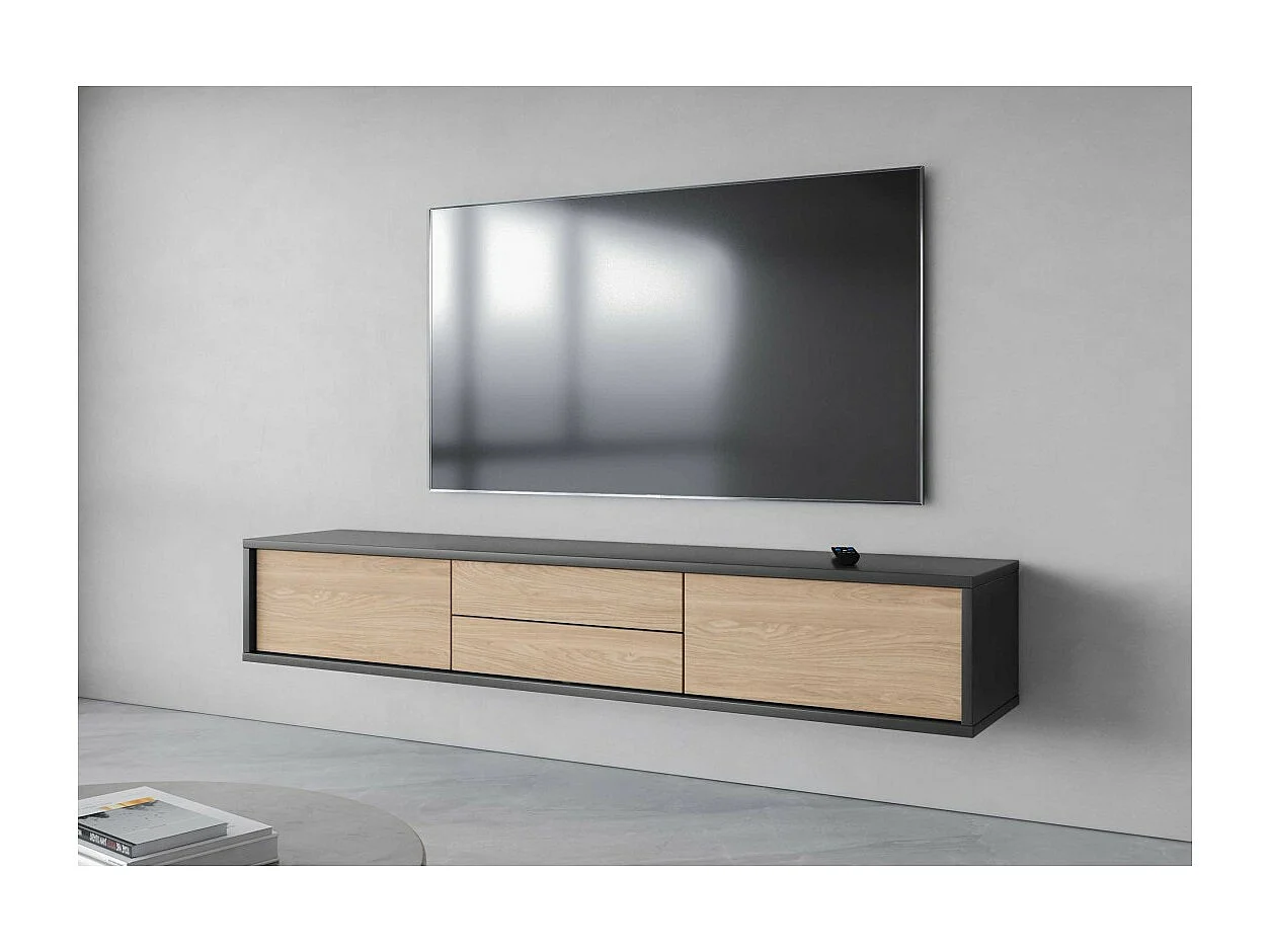 Mobile TV 180cm, 2 cassetti e 2 porte collezione MAANUM. Colore grigio e rovere chiaro.