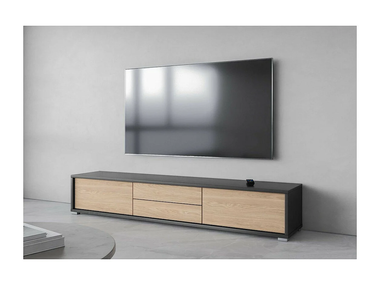 Mobile TV 180cm, 2 cassetti e 2 porte collezione MAANUM. Colore grigio e rovere chiaro.
