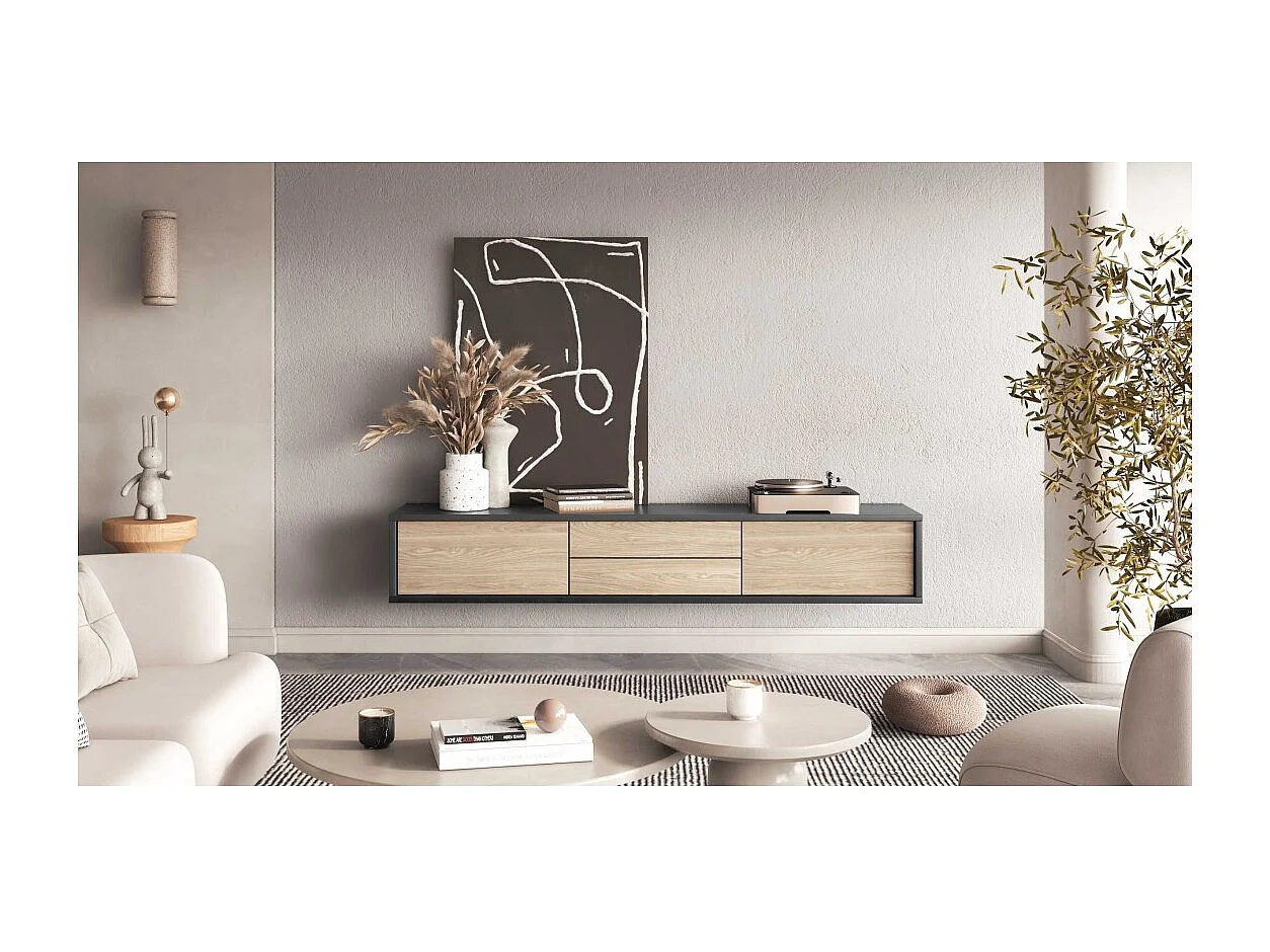 Mobile TV 180cm, 2 cassetti e 2 porte collezione MAANUM. Colore grigio e rovere chiaro.