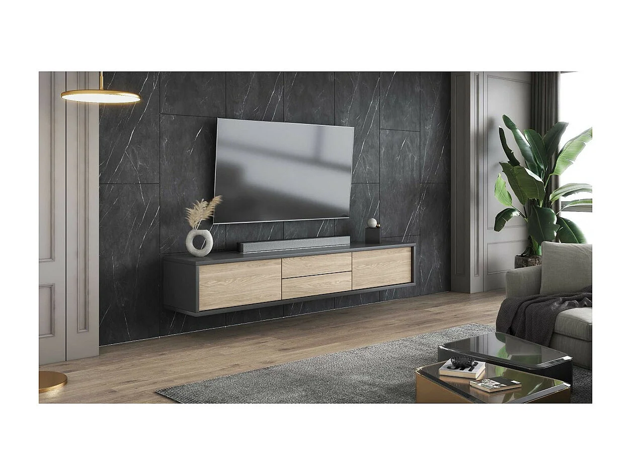 Mobile TV 180cm, 2 cassetti e 2 porte collezione MAANUM. Colore grigio e rovere chiaro.