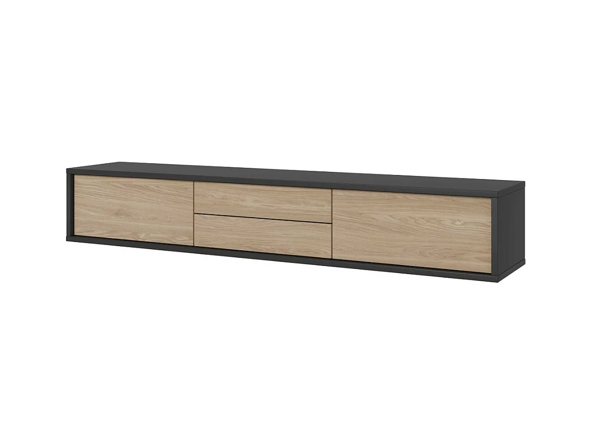Meuble TV 180cm, 2 tiroirs et 2 portes collection MAANUM. Couleur gris et chêne clair.
