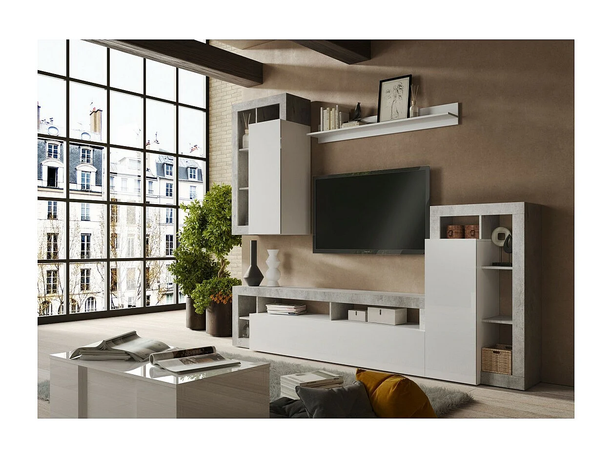 Wohnzimmermöbel-Set, Kollektion BURA, Länge 280 cm. Farben Beton und glänzend weiß lackiert.