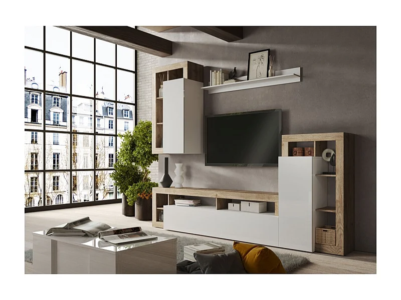 Woonkamer meubelset met opbergruimte, collectie BURA, lengte 280 cm, Cadiz eiken/wit hoogglans lak