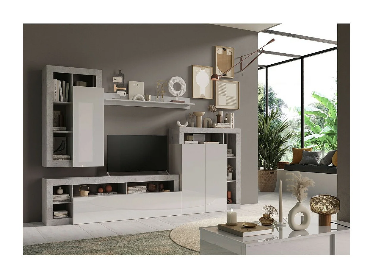Conjunto de móveis para sala de estar, coleção BURA, comprimento 290cm. Cores em cimento e branco laqueado brilhante.