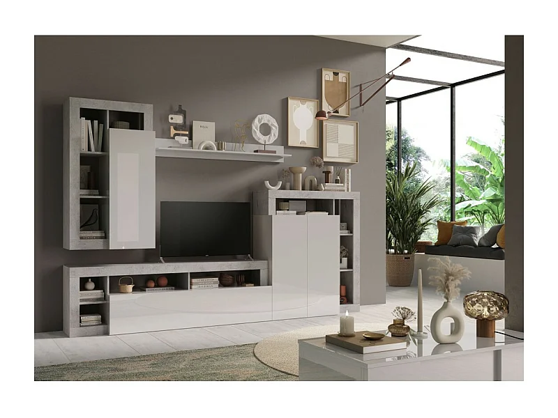 Conjunto de móveis para sala de estar, coleção BURA, comprimento 290cm. Cores em cimento e branco laqueado brilhante.