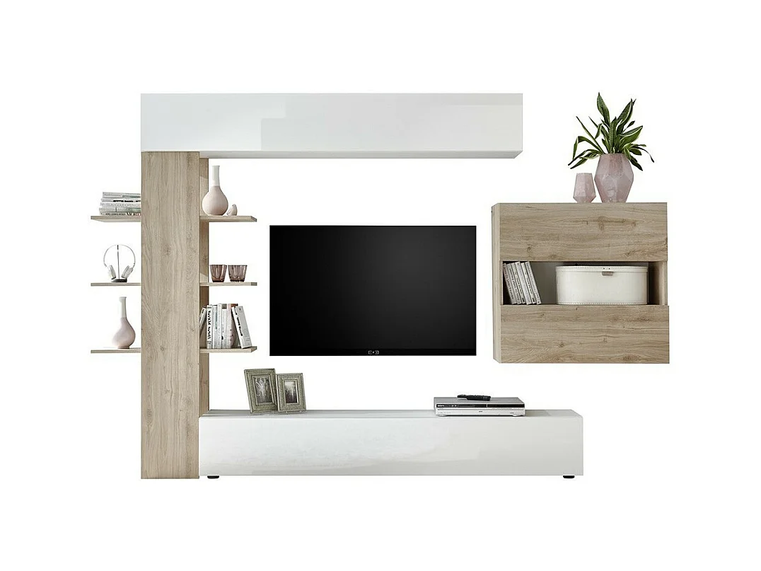 Ensemble meubles salon avec rangements, collection VASCO, blanc laqué/chêne clair