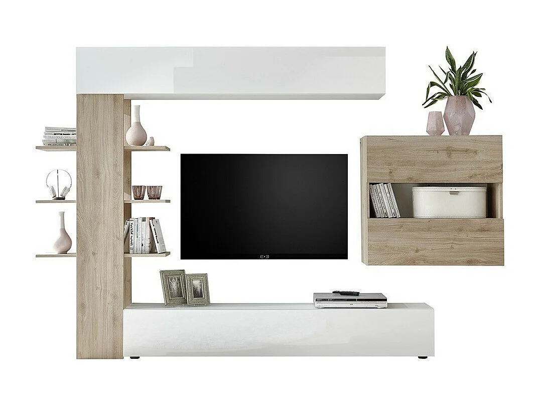 Wohnzimmermöbel-Set mit Stauraum, Kollektion VASCO, weiß lackiert/hell Eiche