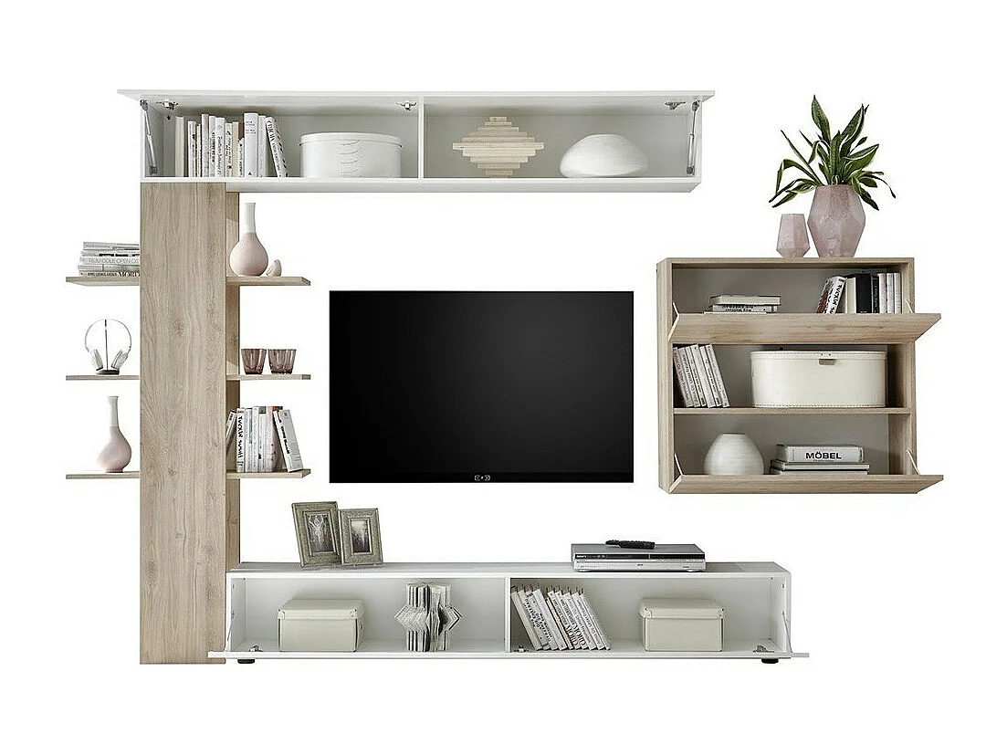 Wohnzimmermöbel-Set mit Stauraum, Kollektion VASCO, weiß lackiert/hell Eiche
