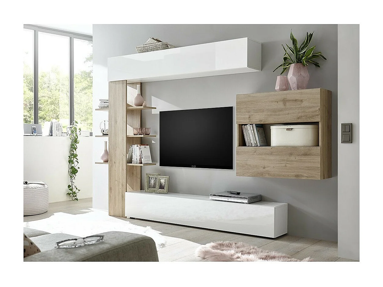 Wohnzimmermöbel-Set mit Stauraum, Kollektion VASCO, weiß lackiert/hell Eiche