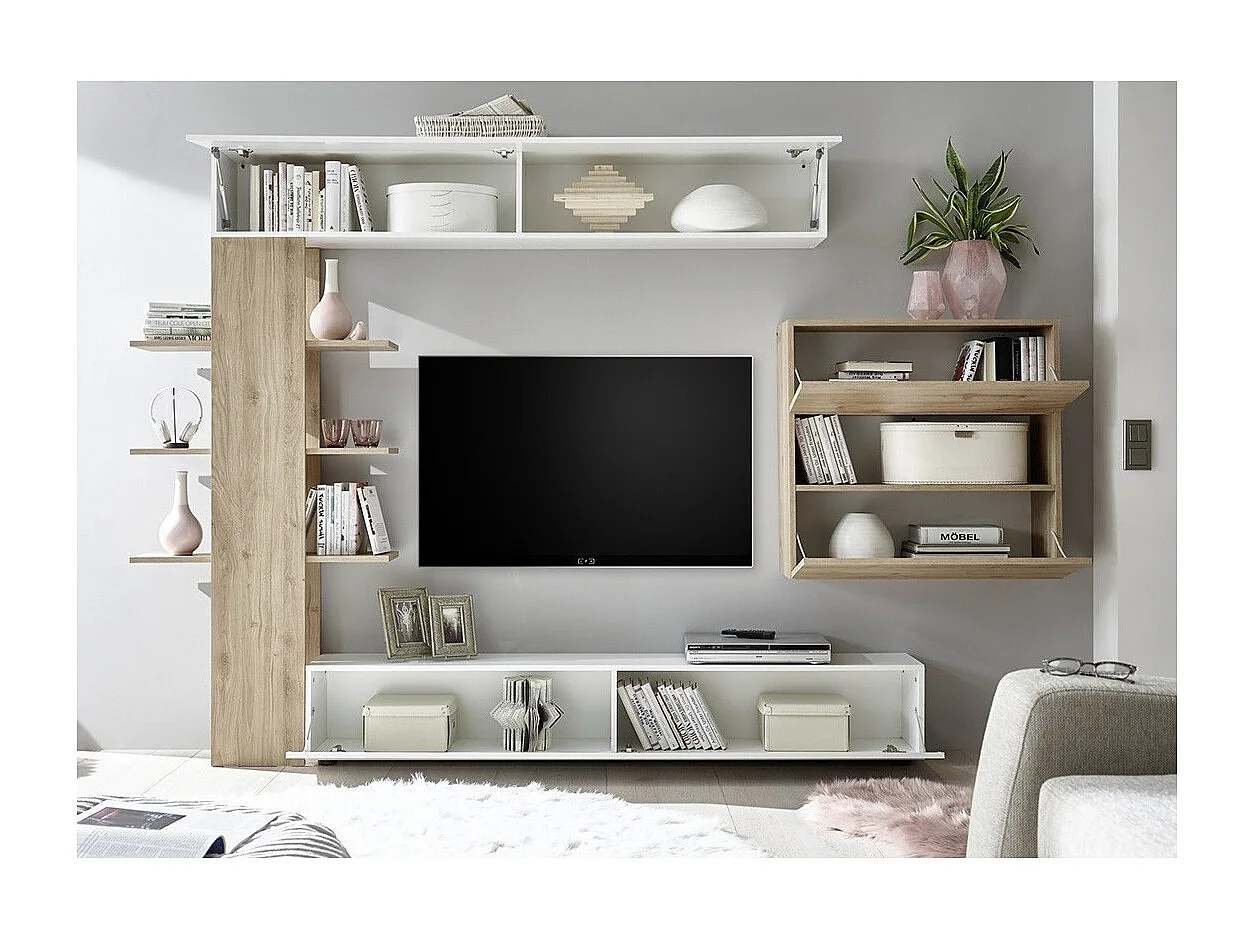 Wohnzimmermöbel-Set mit Stauraum, Kollektion VASCO, weiß lackiert/hell Eiche