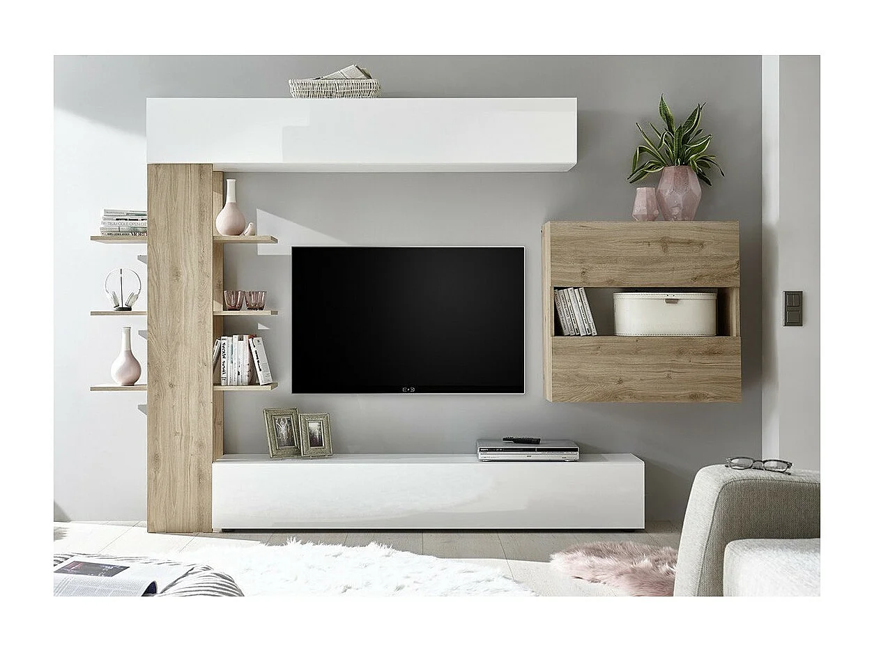 Wohnzimmermöbel-Set mit Stauraum, Kollektion VASCO, weiß lackiert/hell Eiche