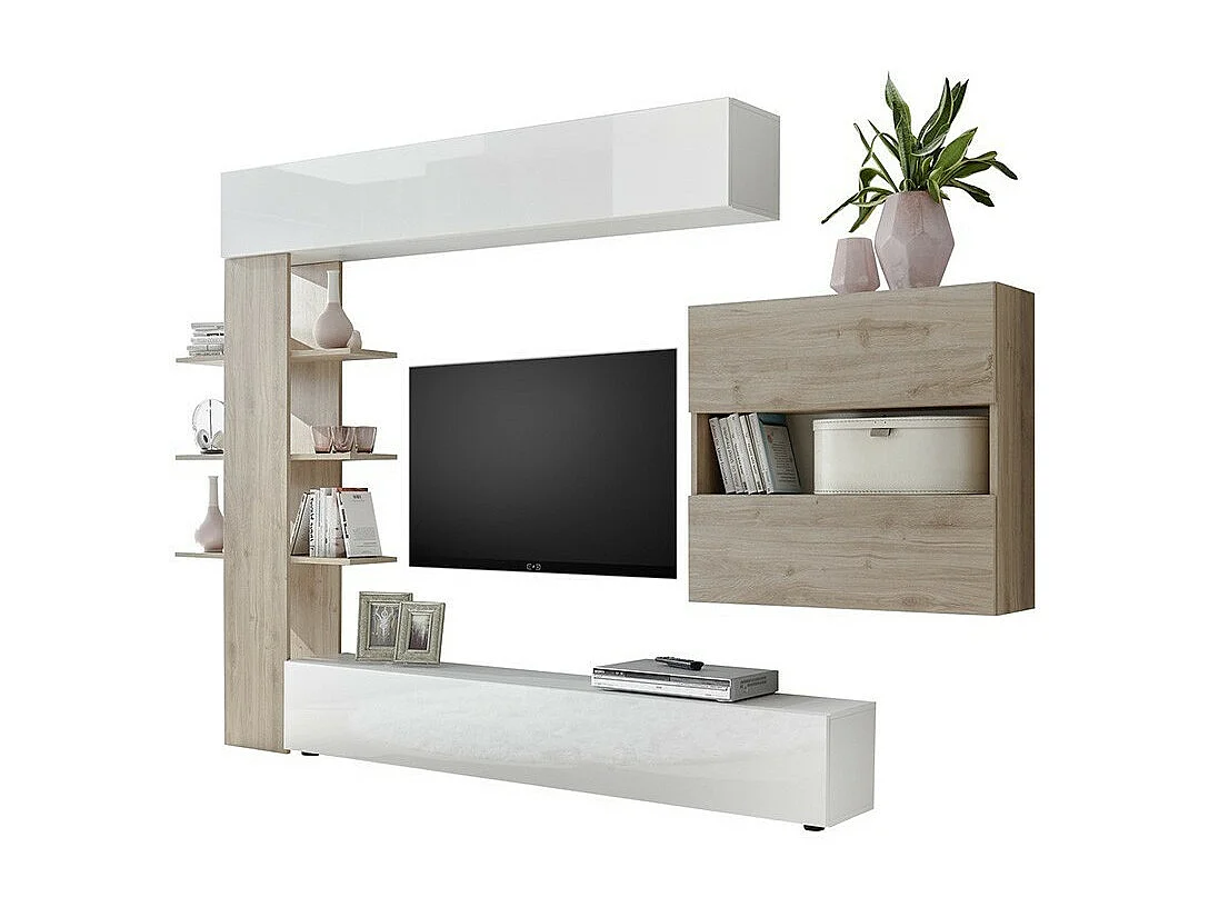 Wohnzimmermöbel-Set mit Stauraum, Kollektion VASCO, weiß lackiert/hell Eiche