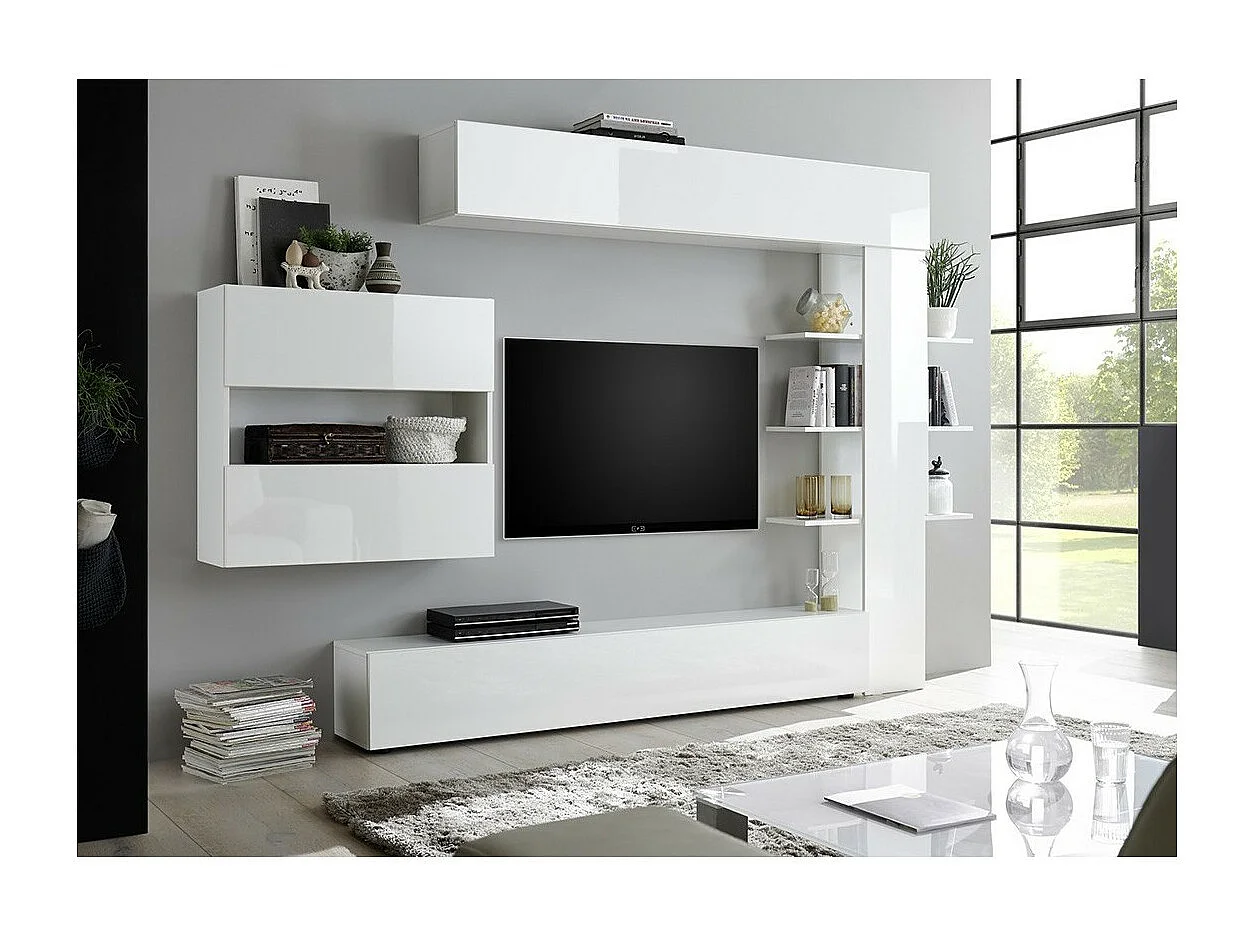 Ensemble de meubles de salon design avec nombreux rangements collection VASCO. Coloris blanc laqué.