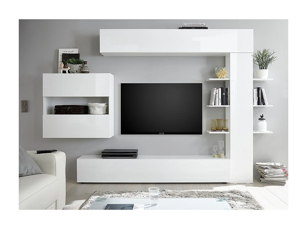 Ensemble de meubles de salon design avec nombreux rangements collection VASCO. Coloris blanc laqué.
