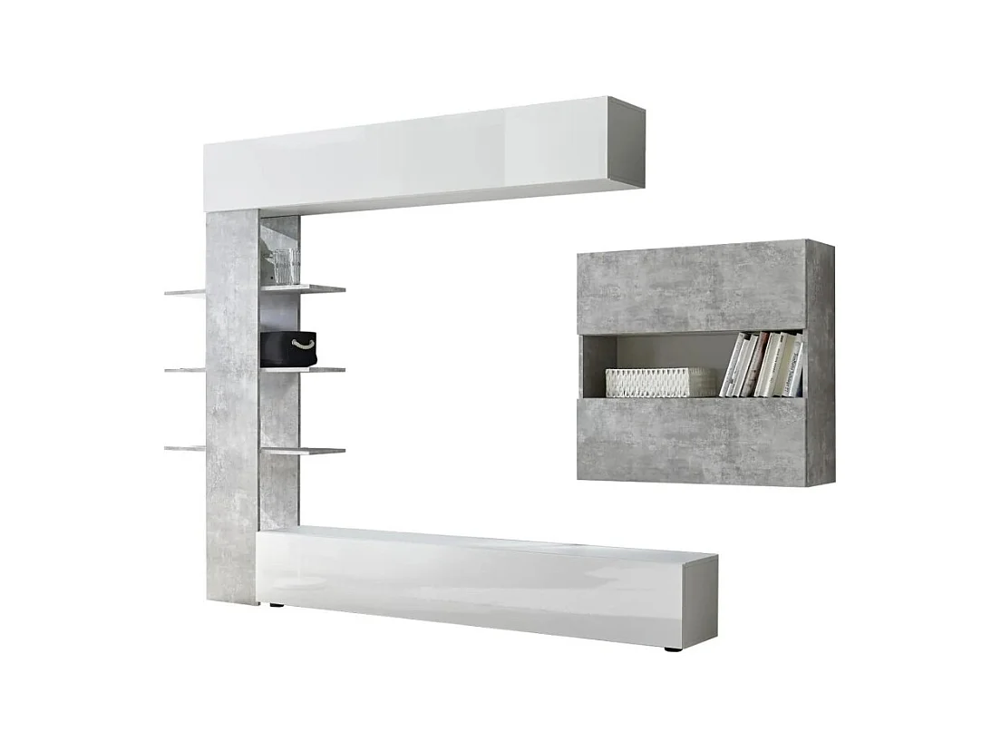 Woonkamermeubelset met opbergruimte, collectie VASCO, hoogglans wit/grijs betoneffect