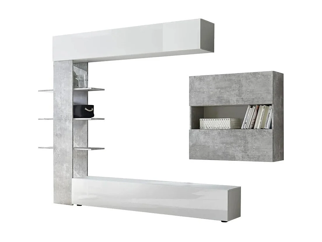 Ensemble meubles salon avec rangements, collection VASCO, blanc laqué/gris effet béton