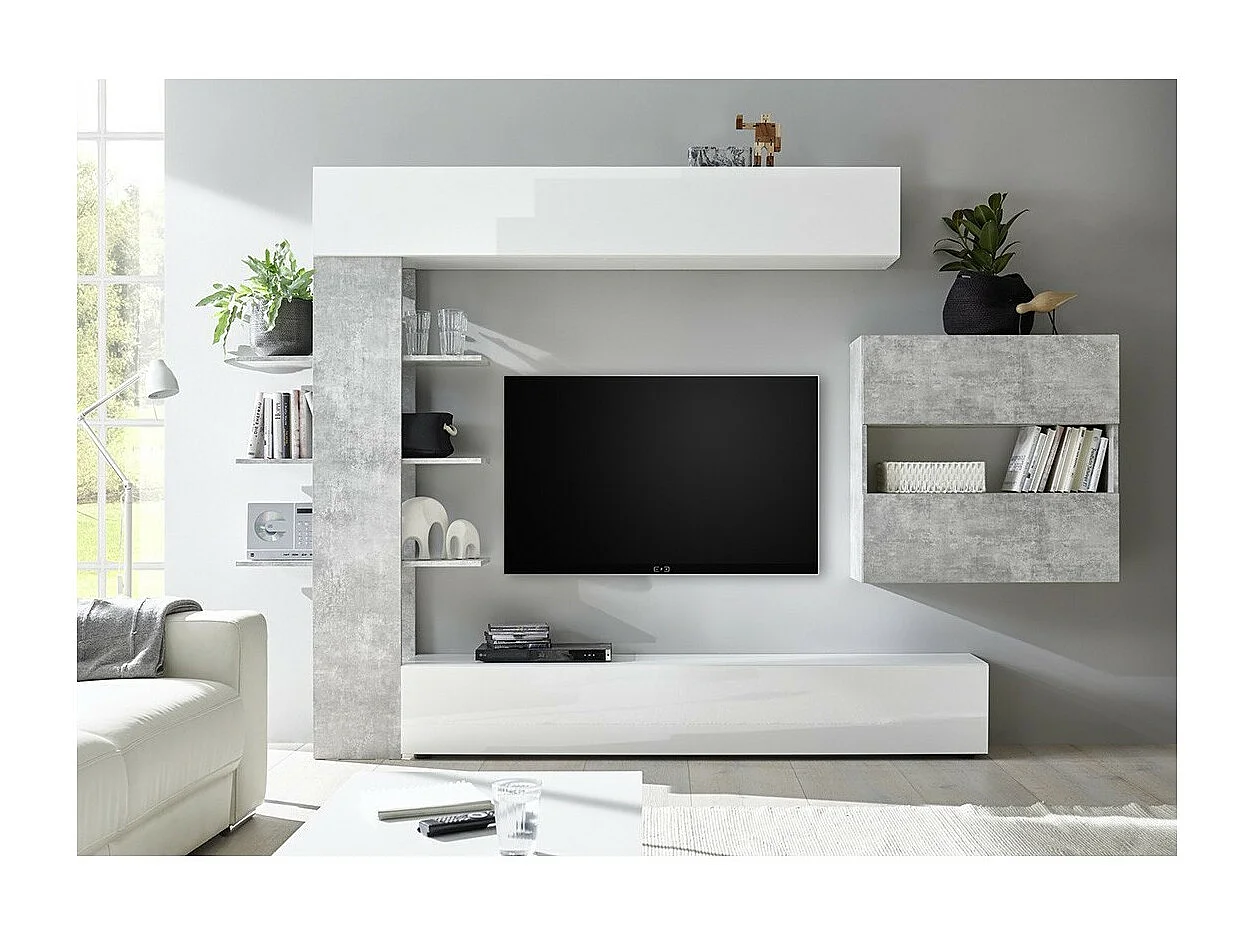 Ensemble meubles salon avec rangements, collection VASCO, blanc laqué/gris effet béton