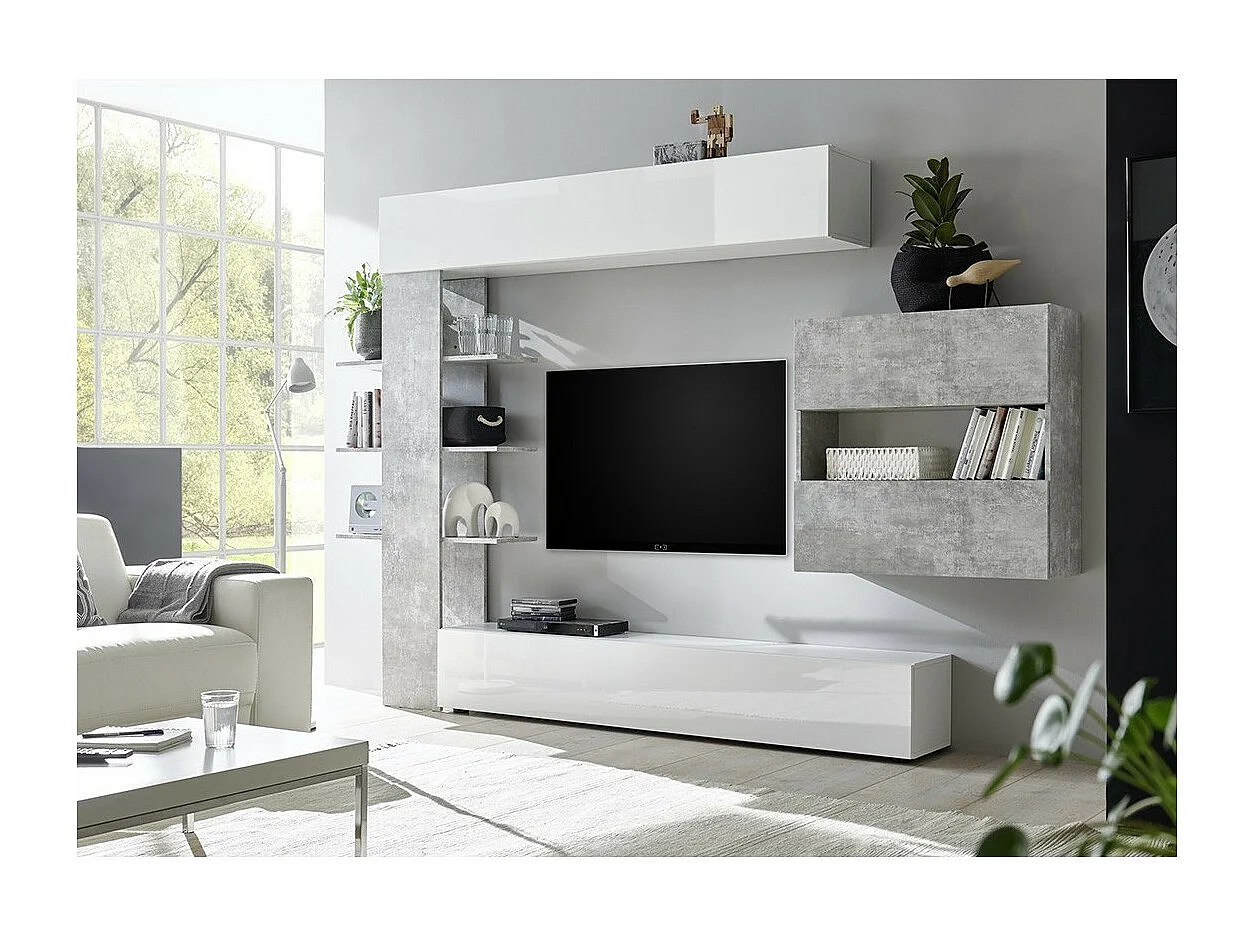 Ensemble meubles salon avec rangements, collection VASCO, blanc laqué/gris effet béton