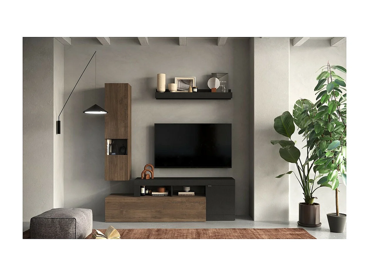 Conjunto de muebles de salón FREDO – Diseño moderno – Negro y roble oscuro – 2 puertas y cajón