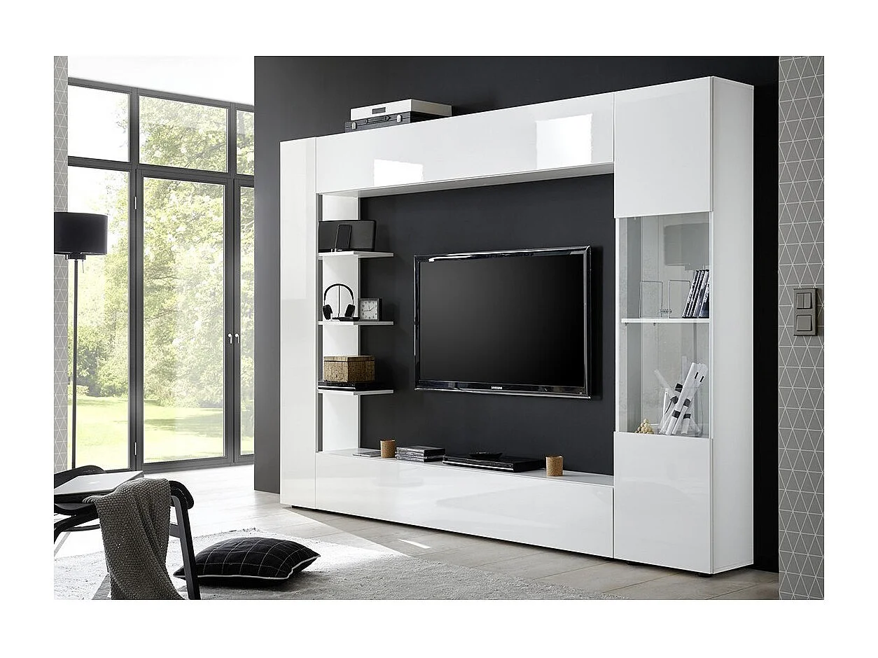 Composition murale VASCO – Blanc laqué – Nombreux rangements – Meuble design pour salon moderne