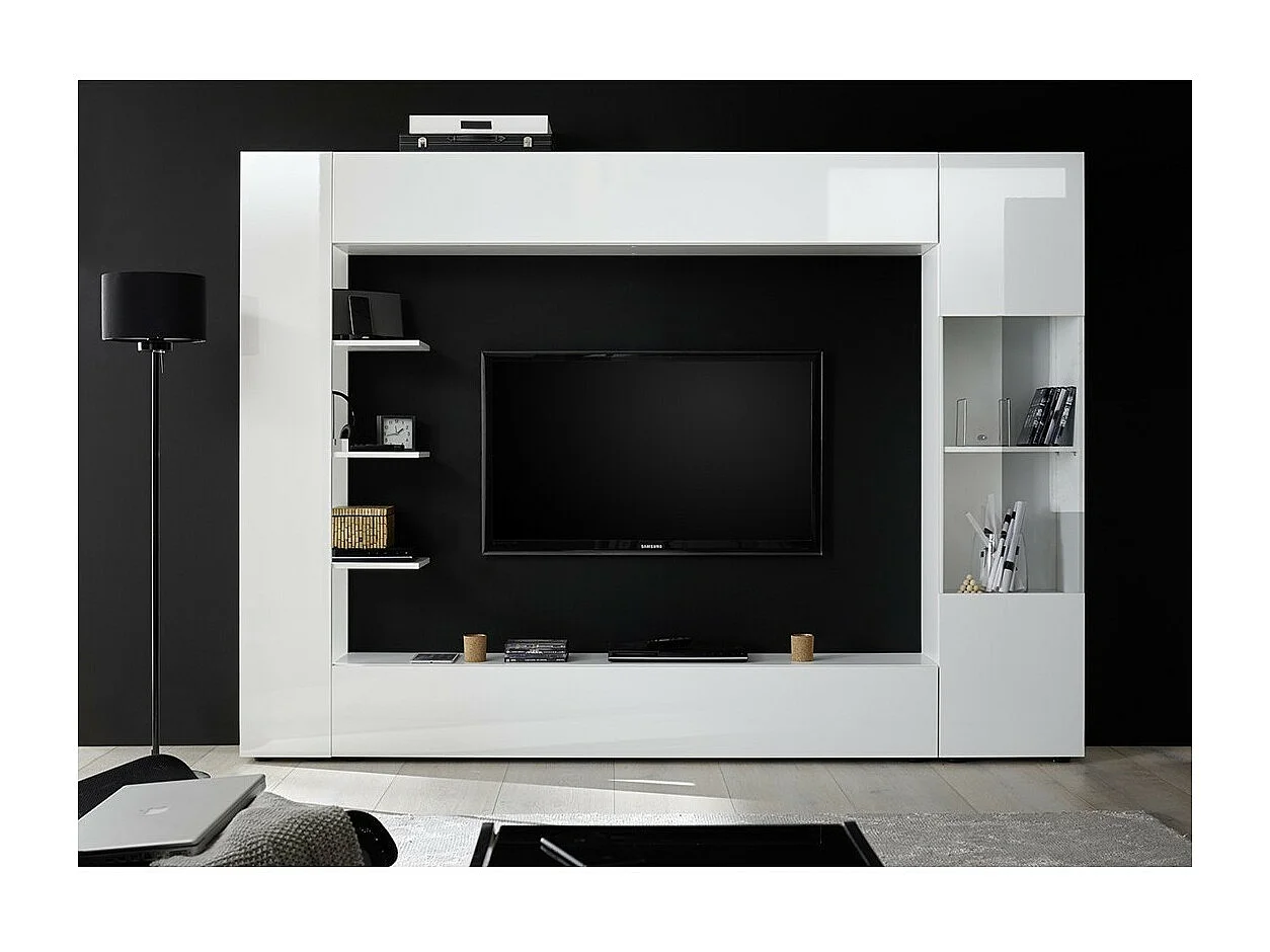 Composition murale VASCO – Blanc laqué – Nombreux rangements – Meuble design pour salon moderne