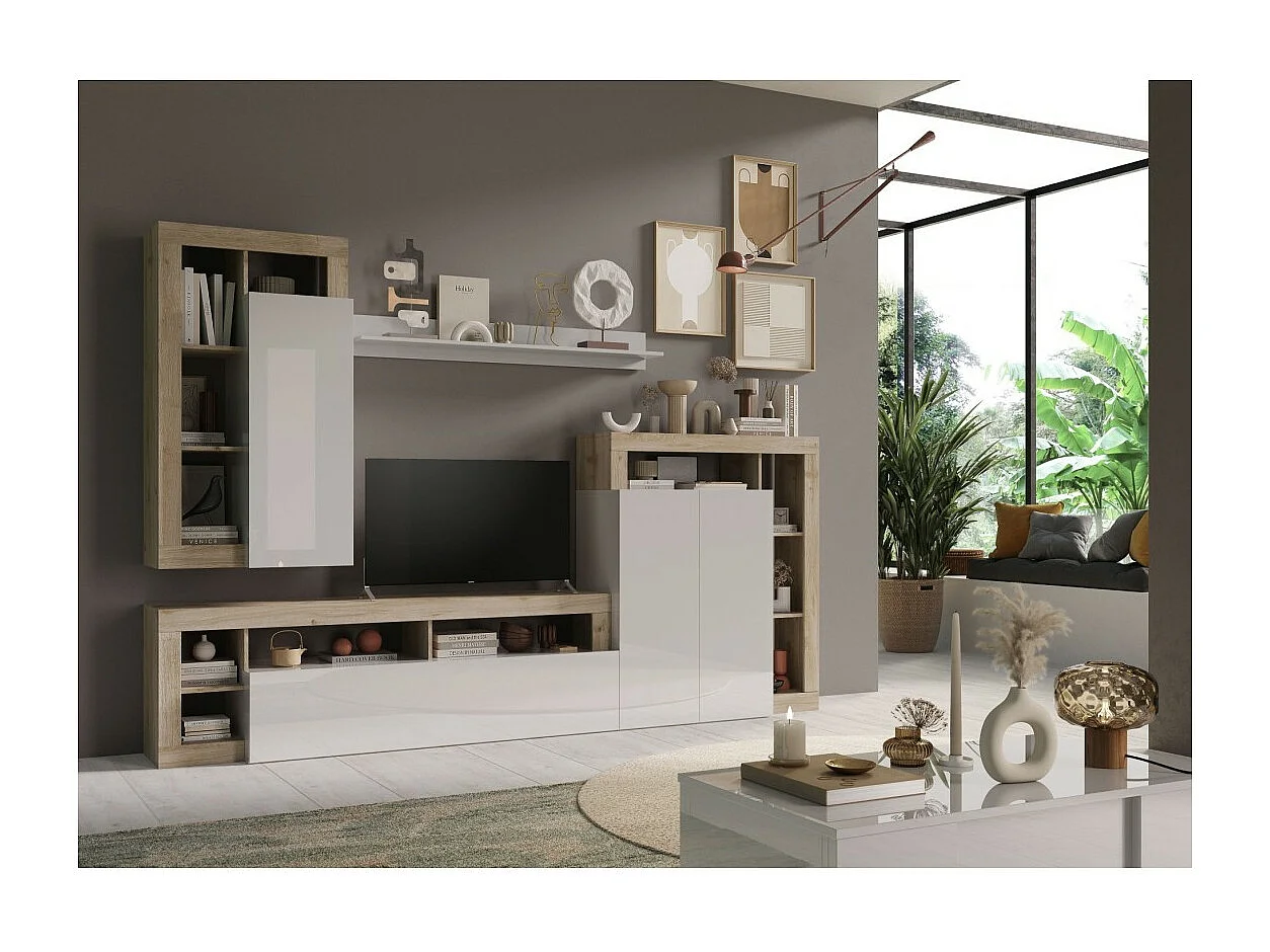 Woonkamerset collectie BURA, lengte 290cm. Kleur Cadiz eiken en glanzend wit gelakt.