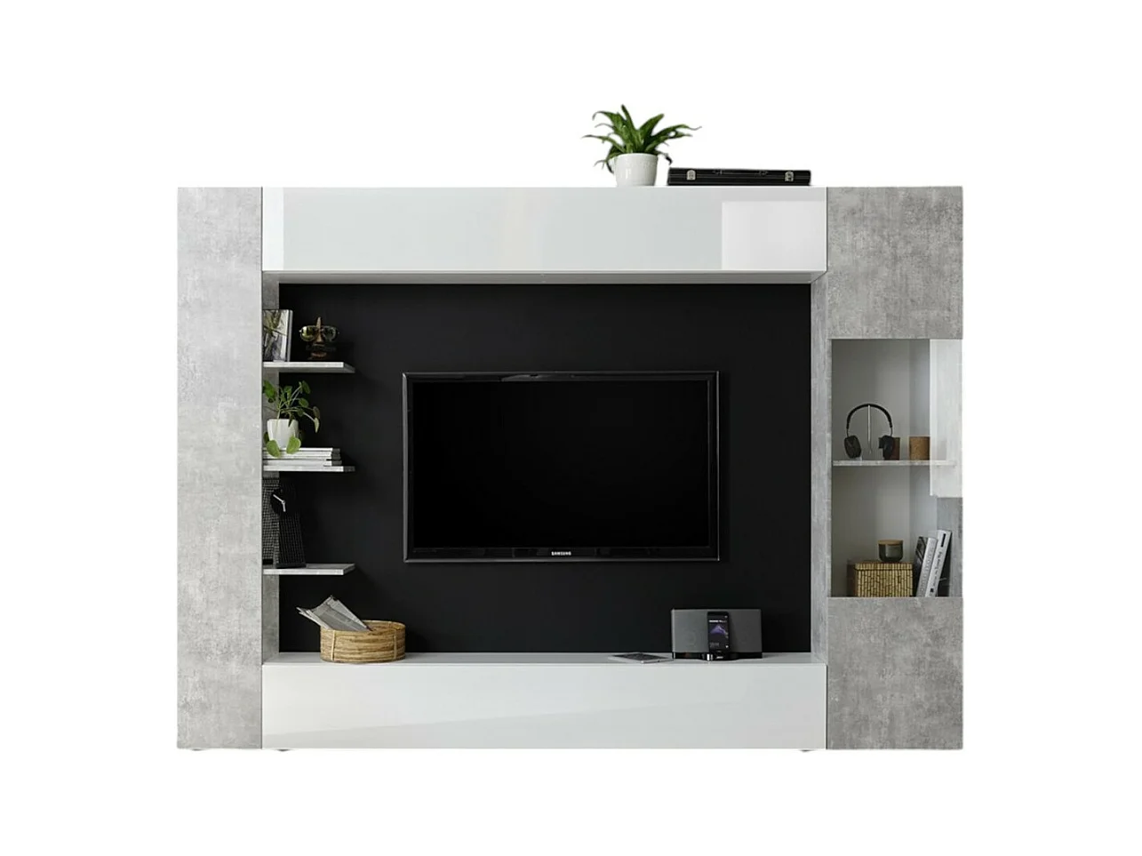 Wandmeubel VASCO - Hoogglans wit en betongrijs - Moderne en design woonkameropslag