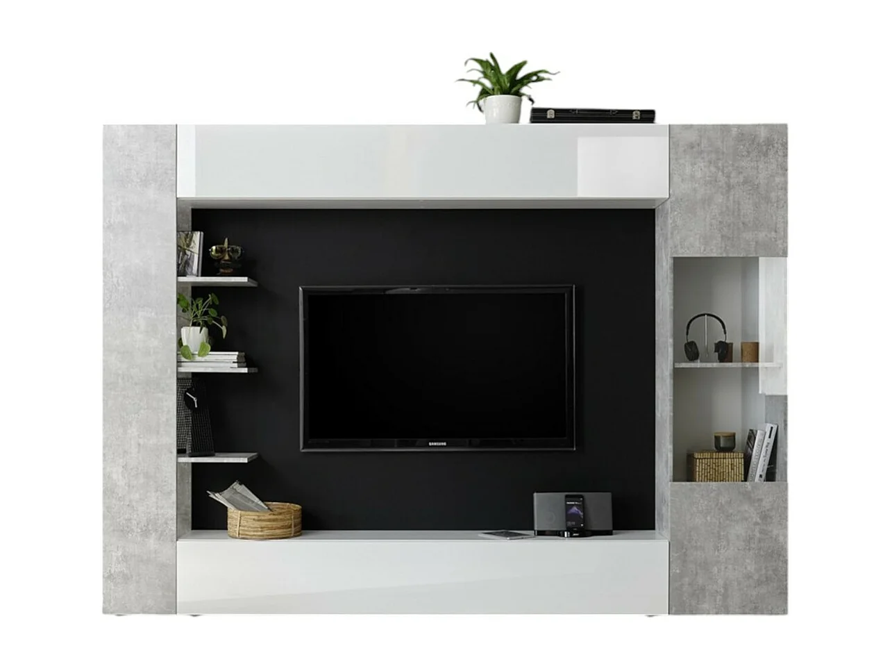 Composizione murale VASCO - Bianco lucido e grigio effetto cemento - Mobile da soggiorno moderno e di design