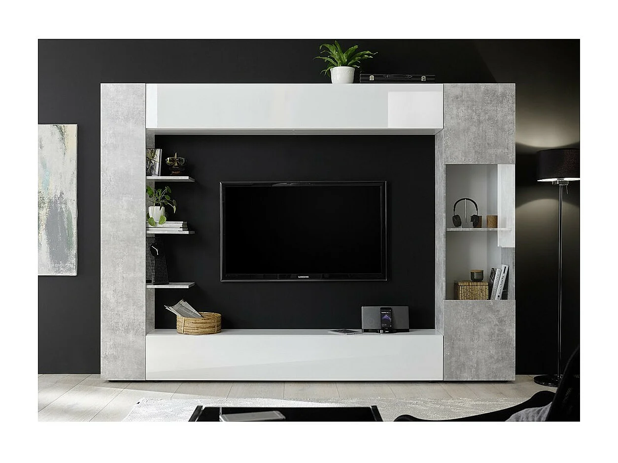 Composizione murale VASCO - Bianco lucido e grigio effetto cemento - Mobile da soggiorno moderno e di design