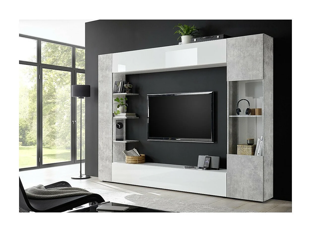 Composizione murale VASCO - Bianco lucido e grigio effetto cemento - Mobile da soggiorno moderno e di design