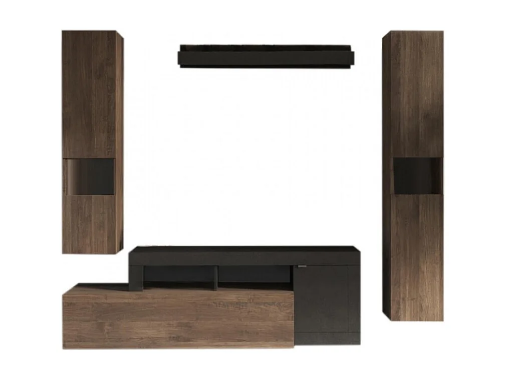 Wohnzimmermöbelset aus der FREDO-Kollektion mit Schublade und 3 Türen. Farbe Schwarz und dunkle Eiche.