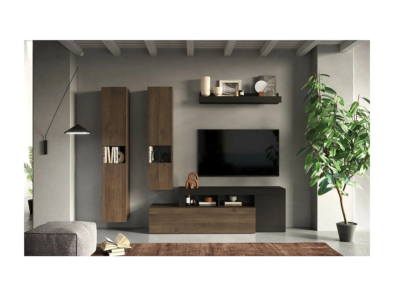 Wohnzimmermöbelset aus der FREDO-Kollektion mit Schublade und 3 Türen. Farbe Schwarz und dunkle Eiche.