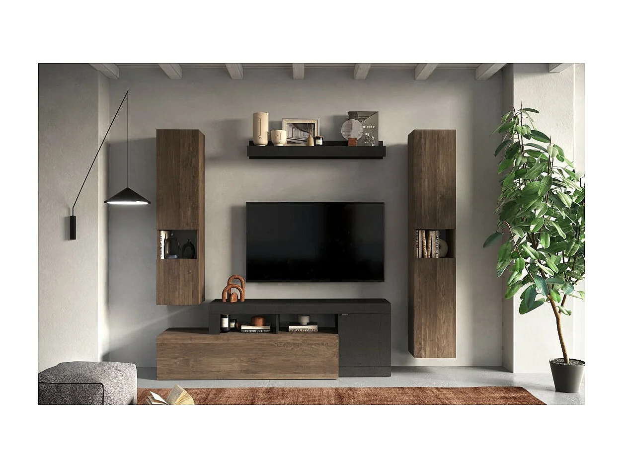 Wohnzimmermöbelset aus der FREDO-Kollektion mit Schublade und 3 Türen. Farbe Schwarz und dunkle Eiche.