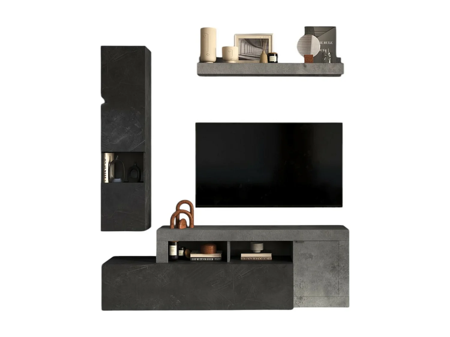 Conjunto de muebles para sala FREDO – Diseño moderno – Gris efecto concreto y plomo – 2 puertas y cajón