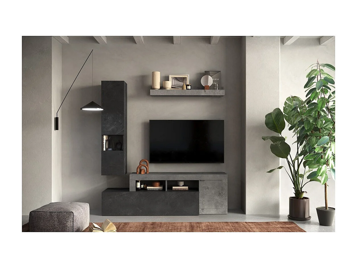 Conjunto de muebles para sala FREDO – Diseño moderno – Gris efecto concreto y plomo – 2 puertas y cajón