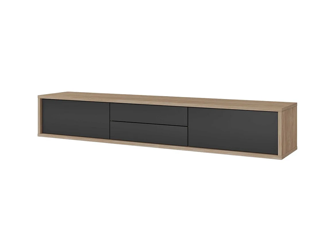 Meuble TV 180cm, 2 tiroirs et 2 portes collection MAANUM. Couleur chêne clair et gris.