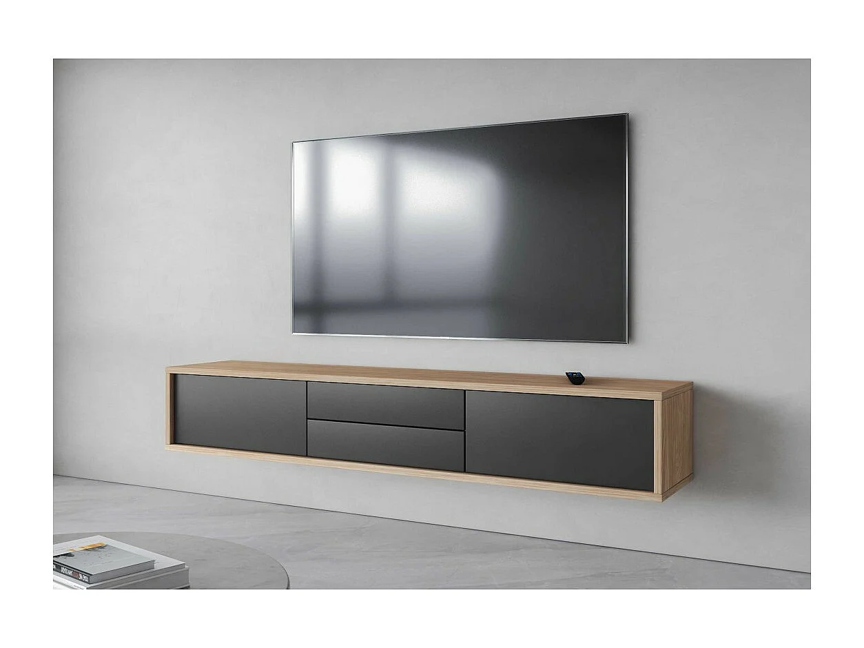 Meuble TV 180cm, 2 tiroirs et 2 portes collection MAANUM. Couleur chêne clair et gris.