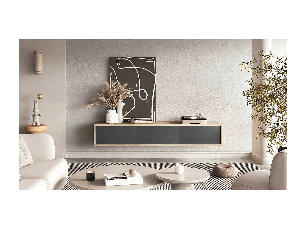 Meuble TV 180cm, 2 tiroirs et 2 portes collection MAANUM. Couleur chêne clair et gris.