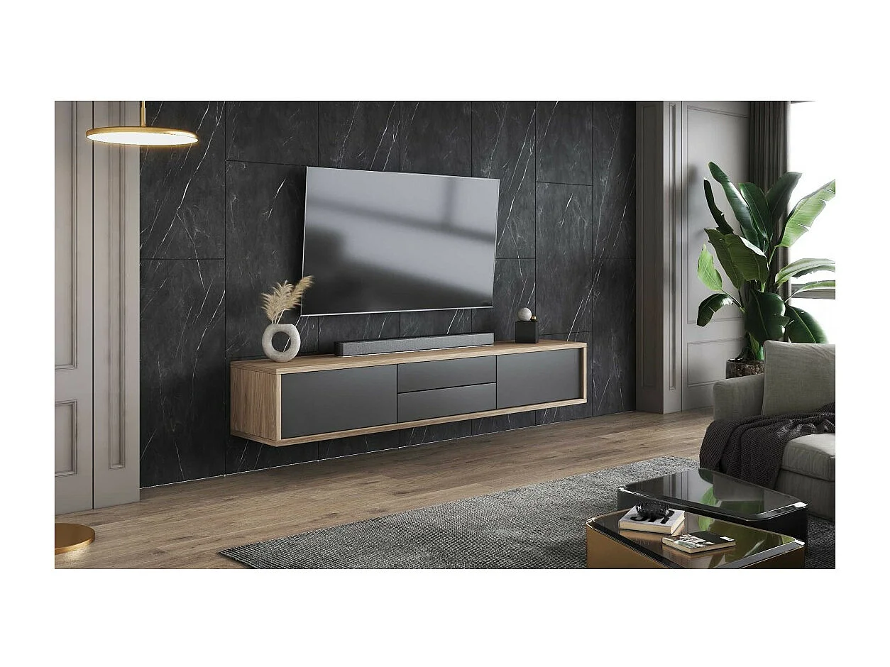 Meuble TV 180cm, 2 tiroirs et 2 portes collection MAANUM. Couleur chêne clair et gris.