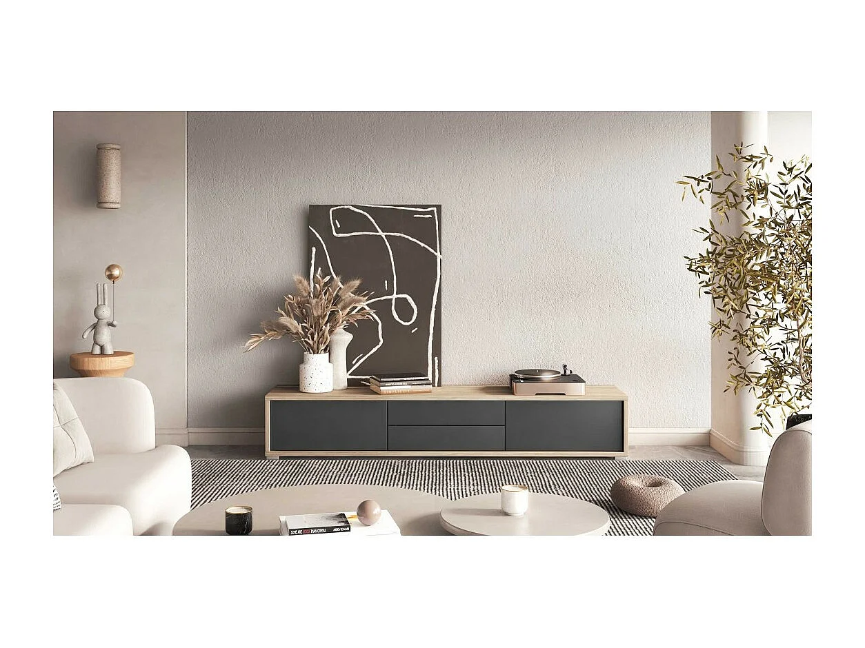 Meuble TV 180cm, 2 tiroirs et 2 portes collection MAANUM. Couleur chêne clair et gris.