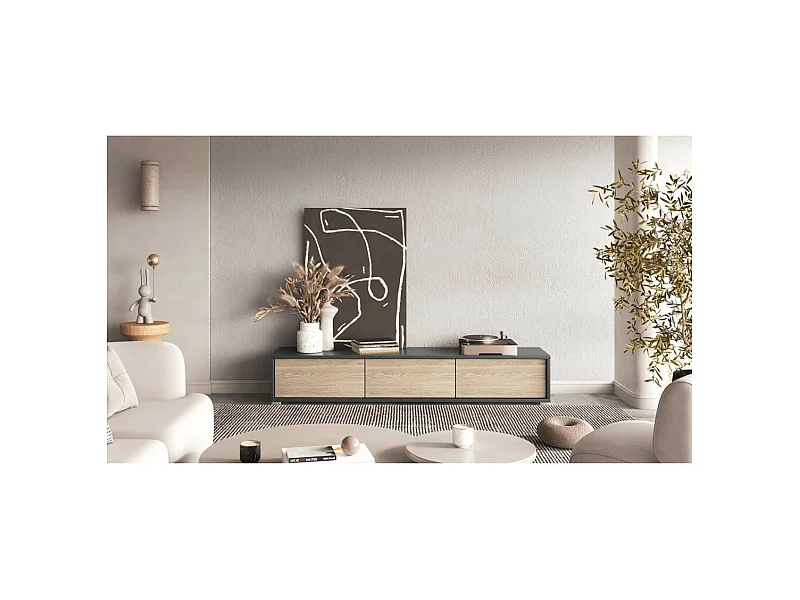 TV-Möbel 180cm aus der Kollektion MAANUM. Farbe Grau und helles Eichenholz.