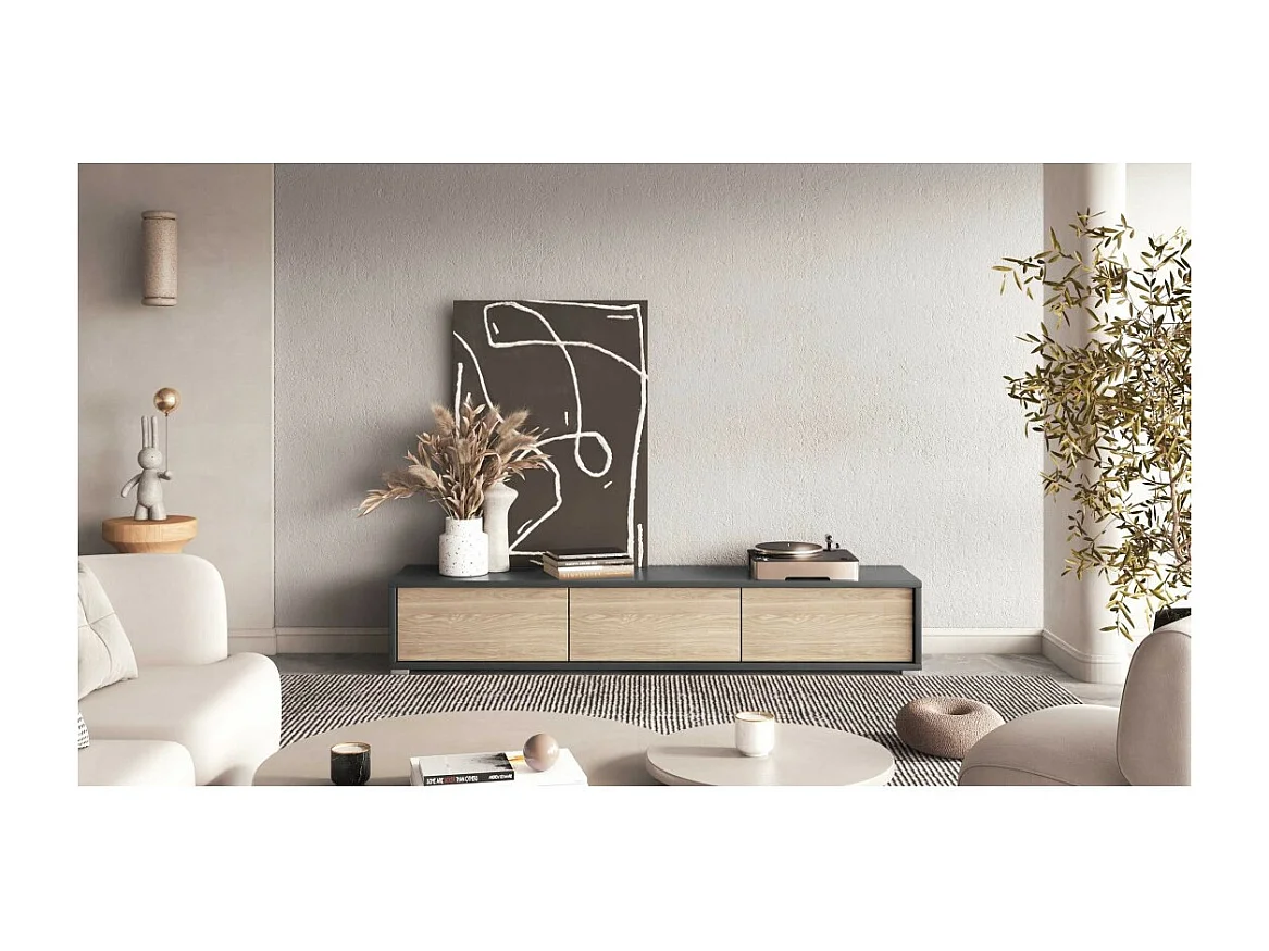 Mueble para TV de 180 cm, colección MAANUM. Color gris y roble claro.