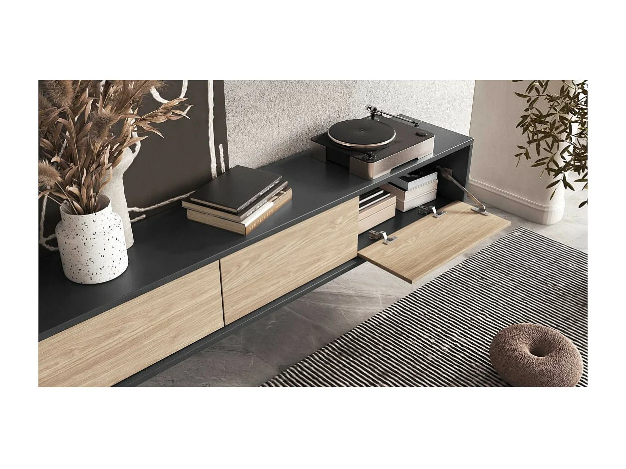 Mueble para TV de 180 cm, colección MAANUM. Color gris y roble claro.