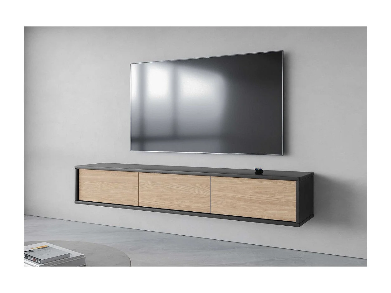 Mueble para TV de 180 cm, colección MAANUM. Color gris y roble claro.