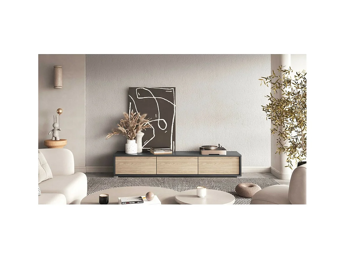 Meuble TV 180cm collection MAANUM. Couleur gris et chêne clair.