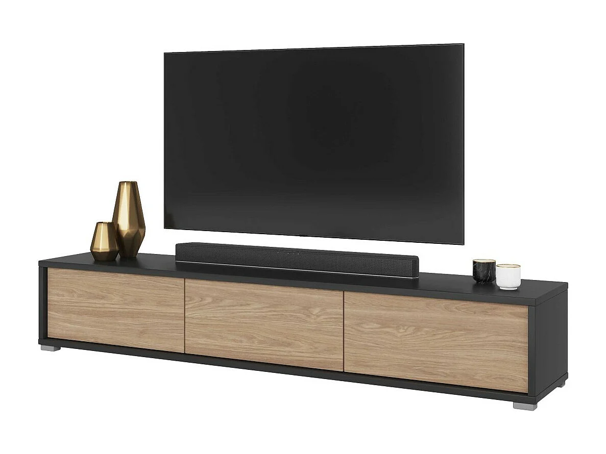 Meuble TV 180cm collection MAANUM. Couleur gris et chêne clair.